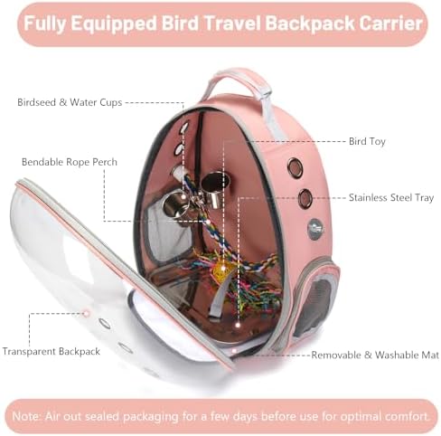 Bird Backpack Carrier, Travel Bird Cage for Small Medium Size Parrot Parakeet Budgies Cockatiel, Portable Clear Bubble Window Bag with Stainless Steel Tray Food Bowl Standing Perch (Pink)