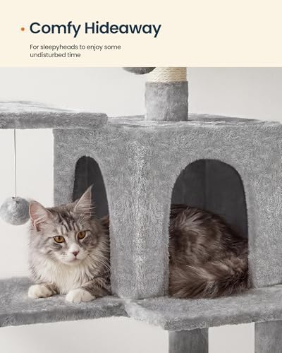 SONGMICS HOME Cat Tree for Indoor Cats, Multi-Level Cat Tower with Sisal Scratching Posts, Hammock and Condo, Light Gray