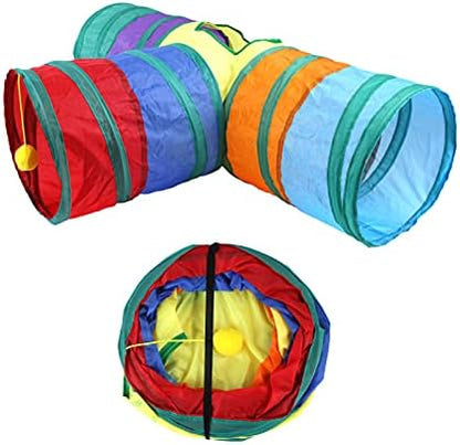 32Pcs Cat Toys Kitten Interactive Pet Toys Assortments, Foldable Rainbow Tunnel, Teaser Wand Fluffy Mouse Crinkle Balls Bell Play for Puppy Kitty (3 way)
