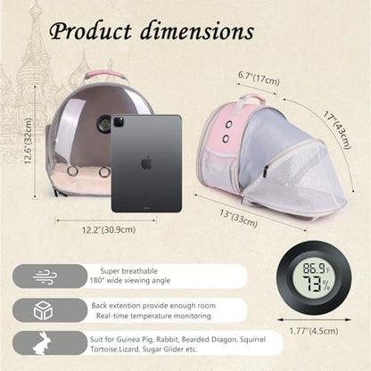 Back Extention Bearded Dragon Travel Backpack Carrier with Reptile Thermometer and Humidity Gauge Lizard Travel Cage Space Capsule Clear Bubble Window Astronaut Reptile Carrier Bag for Ball Python