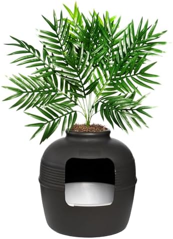 Good Pet Stuff Original Hidden Litter Box Planter, Decorative Cat Litter Enclosure, Carbon Filter, Faux Plant, Easy to Clean, Round Design, Removable Tray, Essentials Kit, Palm Plant, Charcoal Black