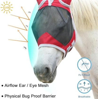 Horse Fly Mask with Ears, Breathable Fine Mesh Red Pony