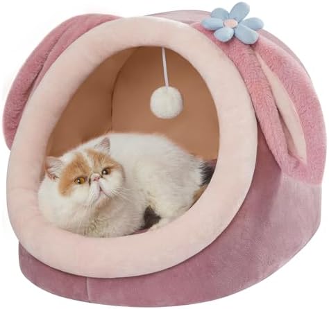 Jiupety Cute Cat Bed for Indoor Cats, Warm Soft Cave Fit for 11-17 lb Cats and 0-8 lb Dogs, Pink Rabbit, L
