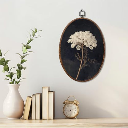 Vintage Flower Oval Framed Wall Art, Dark Botanical Canvas Art Wall Decor，Rustic Antique Floral Neutral Hanging Decor Painting Artwork for Home Bathroom Bedroom Living Room Office 8.3x12inch