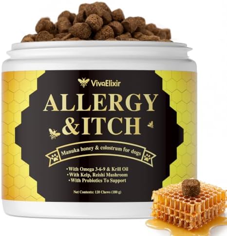 Manuka Honey for Dogs – Extra Strength Allergy & Anti-Itch Support with Manuka Honey, Quercetin, Colostrum, Kelp, Krill Oil & Probiotics – 120 Soft Chews