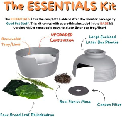 Good Pet Stuff Original Hidden Litter Box Planter, Decorative Cat Litter Enclosure, Carbon Filter, Faux Plant, Round Design, Easy Clean Litter Tray, Essentials Kit, Broad Leaf Plant, Pebble Gray