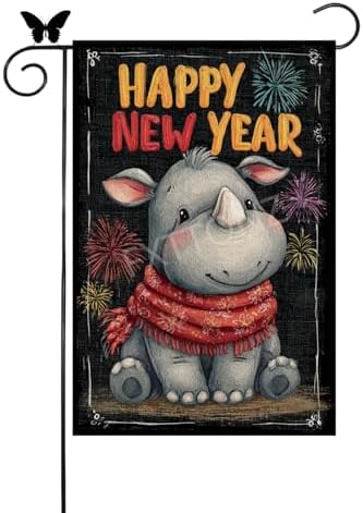 Happy New Year Garden Flag 12x18 Double Sided Vertical Linen Small Fireworks Rhino House Flag Welcome Holiday Winter House Outdoor Outside Decorations (27180)