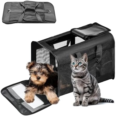 FluffyDream Pet Travel Carrier Soft Sided Portable Bag for Cats, Small Dogs, Kittens or Puppies, Collapsible, Durable, Airline Approved, Travel Friendly (Grey, 17.0" L x 10.0" W x 11.0" H) (Black)