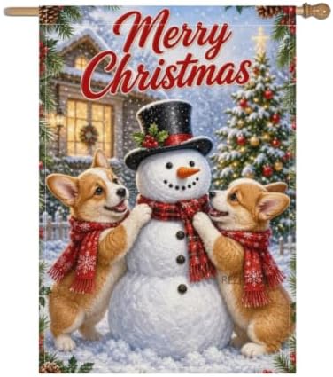 Christmas Corgi House Flag 28x40 Inch Merry Holiday Dogs Snowman Scarves Tree Holly Snowy Cute Rustic Farmhouse Outdoor Yard Lawn Porch Double Sided Banner Winter Welcome Decor