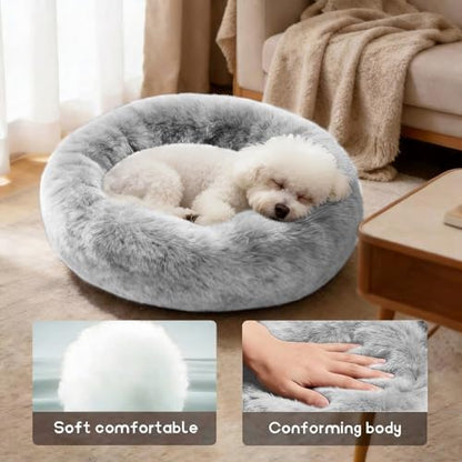 Comfort Donut Dog Bed for Small Dogs, Cat Bed & Pet Bed for Indoor Use, Medium Size with Soft Plush, Round Dog Beds for Large Dogs and Cats (Light Gray, 20''Lx20''Wx8''Th)