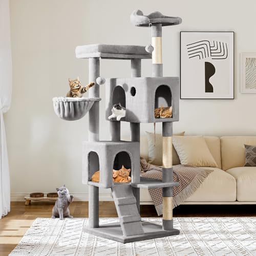 Allewie 64 Inches Multi-Level Cat Tree Tower for Indoor Cats, Grey
