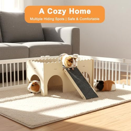 Detachable 2-Story Wooden Guinea Pig Castle with Ramp & Fleece Mat, Small Animal Hideout House for Guinea Pigs, Hamsters, Gerbils & Chinchillas