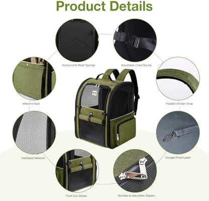 Large Cat Backpack Carrier Expandable Pet Carrier Backpack for Small Dogs Medium Cats Fit Up to 18 Lbs, Dog Backpack Carrier, Foldable Puppy Backpack Carrier for Travel,Dark Green, Large
