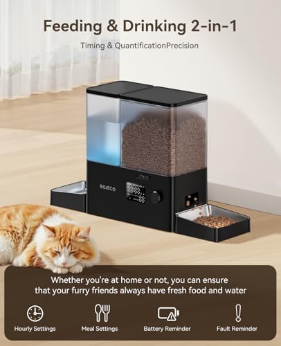 ROJECO Automatic Cat Feeder & Water Dispenser,Button Customizable Feeding