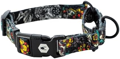Wolfgang Heavy Duty Martingale Dog Collar with Quick Release Nylon Buckle for Walking & Training, LosMuertos Print, Medium