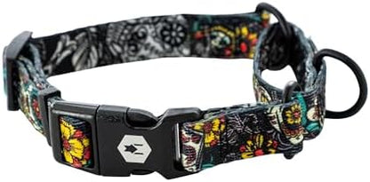 Wolfgang Heavy Duty Martingale Dog Collar with Quick Release Nylon Buckle for Walking & Training, LosMuertos Print, Medium