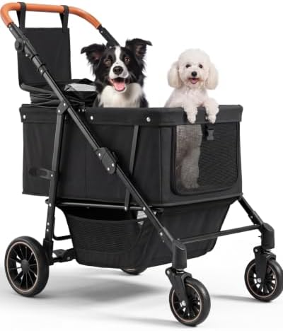 Dog Stroller for Medium & Large Dogs Up to 66 lbs, Pet Stroller for 2 Small Dogs with Adjustable Handle & Canopy, Sun Shades, Storage Organizer, Foldable & Ventilated,Black