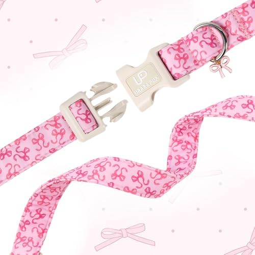 Pink Bow Dog Collar | Cute Aesthetic Cotton Collar | Soft Girl Puppy Collar | Adjustable Small Medium Dog Collar | Coquette Pet Style