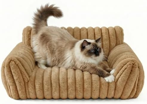 Cat Couch Bed for Small Cats & Indoor Cats, Square Cat Bed and Pet Sofa for Small/Medium Dogs - Removable Washable Dog Bed Cover (Brown, Small)