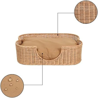 DBD1002B Scallop Handwoven Water Hyacinth Pet Bed with Machine Washable Cushion, 27" x 18.25" Wicker Cat and Dog Bed for Small to Medium Pets, Boho Tropical Style Basket, Light Brown