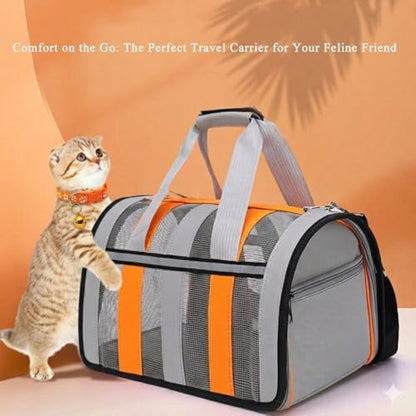 18.5" Airline Approved Pet Carrier for Small Dogs & Cats, Portable Soft-Sided Cat Travel Bag with Adjustable Bell Collar & Safety Leash, Lightweight Foldable Dog Carrying Case