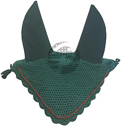 Horse Ear Bonnet Fly Veil Crochet Equestrian with Piping 30 Color Full/COB/Pony (Medium/COB, Dark Green/Hunter Green)