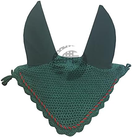 Horse Ear Bonnet Fly Veil Crochet Equestrian with Piping 30 Color Full/COB/Pony (Small/Pony, Dark Green/Hunter Green)