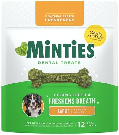 Minties Dental Chews for Dogs, 12 Count, Vet-Recommended Mint-Flavored Dog Treats for Large Breeds Over 50 lbs, Dental Bones that Clean Teeth, Fight Bad Breath, and Remove Plaque and Tartar