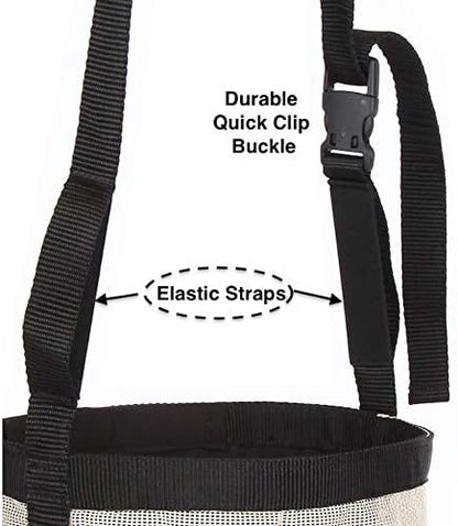 Majestic Ally Horse Feed Bag, Heavy Duty Nylon Mesh Grain Feed Bag, Adjustable Strap with Durable Snap and Elastic Straps, Comfort Neck Pad and Nose Pad- Large (Pony, Beige)
