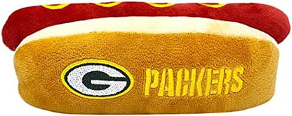 Pets First NFL Green Bay Packers HOT Dog Plush Dog & CAT Squeak Toy - Cutest HOT-Dog Snack Plush Toy for Dogs & Cats with Inner Squeaker & Beautiful Football Team Name/Logo 8 x 5 x 3 Inches