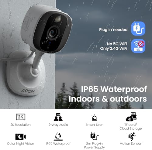 AOQEE 2K Indoor/Outdoor Camera, IP65 Water Resistant & White Light, C1 4Pcs