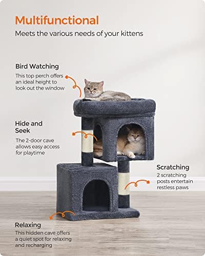 Feandrea Cat Tree, 26.4-Inch Small Cat Tower, Cute Plush Condo, Smoky Gray