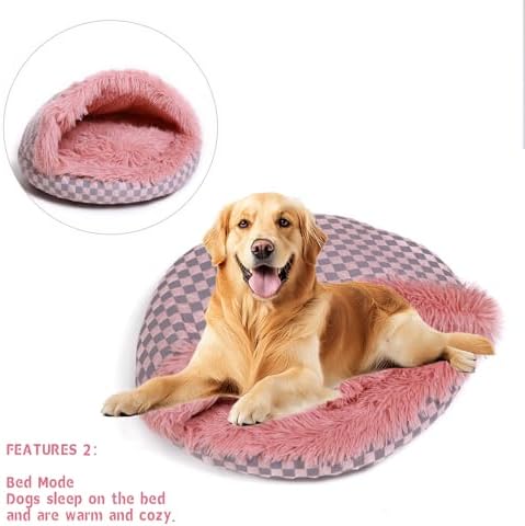 Cat Bed Hooded Plush Nest with Self-Warming Cozy Cave, Calming Anti-Anxiety Pet Bed for Indoor Cats & Small Dogs, Removable Washable Cover & Waterproof Bottom - Pink