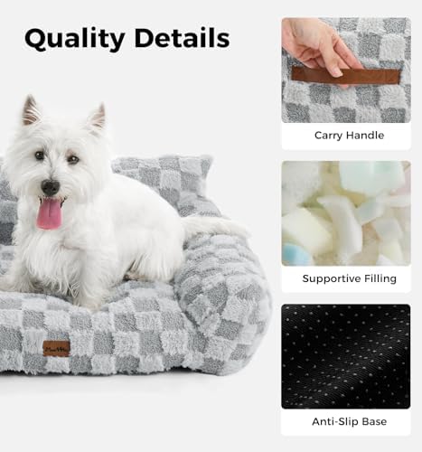 Made4Pets Cat and Dog Indoor Couch Bed, Soft Faux Fur Checkered Pet Sofa, Cozy Fluffy Pet Sofa with Supportive Foam, Removable Washable Cover with Non-Slip Base, Grey, Medium
