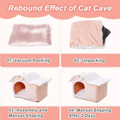 Jiupety Rabbit Cat Houses for Indoor Cats, Chimney Cute Cat Bed Cave, Enough Interior Space, Cartoon Soft Pet House Up to 3-10 lbs Kitten, Pink