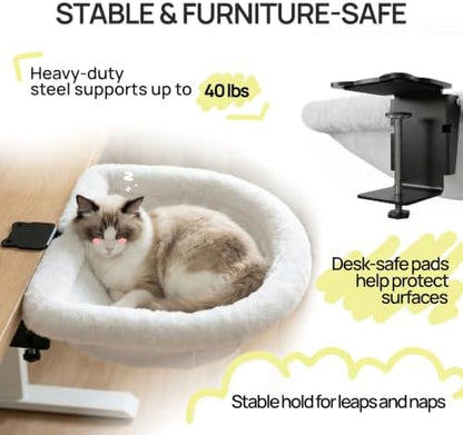 Cat Desk Bed, Foldable Clamp-On Cat Perch for Home Office & Gaming Desk, Holds up to 40 lbs, Paw-Shaped Clamp, Machine Washable Breathable Cover, Cloud Dancer White