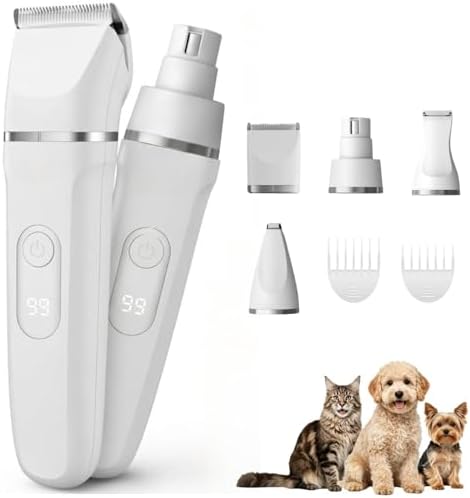 Dog Grooming Clippers Kits, IPX7 Waterproof Low Noise Pet Clipper for Dogs & Cats, Cordless USB Rechargeable Pet Hair Clipper, Paw Trimmer & Nail Grinder, Professional Grooming Set for Home Use
