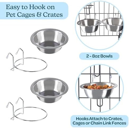 Set of 2 Stainless-Steel Dog Bowls - Cage, Kennel, and Crate Hanging Pet Bowls for Food and Water - 8oz Each and Dishwasher Safe by PETMAKER, Silver