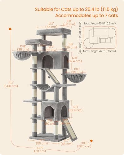 Feandrea Large Cat Tree, 81.1" Tall Sturdy Cat Tower for Indoor, Dove Gray