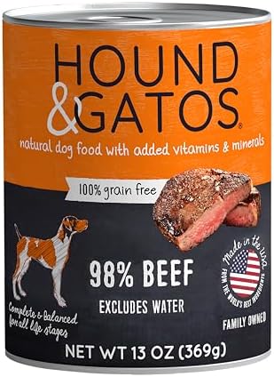 Hound & Gatos Beef Wet Dog Food, Single Protein, 98% Real Meat Formula, Supports Digestive Health, Grain Free Limited Ingredients, 13 oz. Cans (Pack of 12)