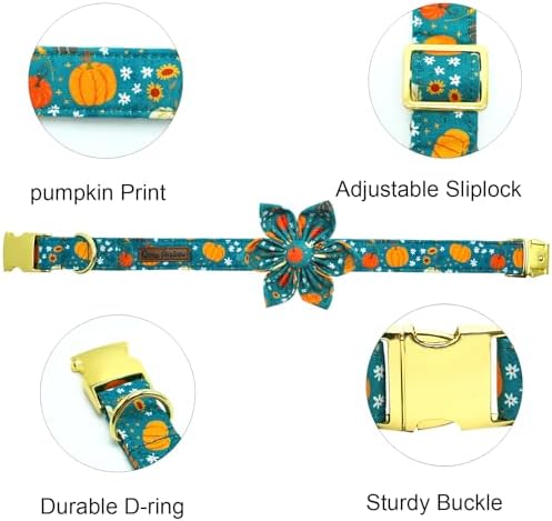 Dog Collar Autumn Green Pumpkin Print Pet Collar Fall Soft Cute Dog Collars with Flower Adjustable Metal Buckle Collar for Medium Dogs