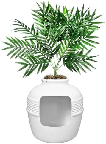 Good Pet Stuff Original Hidden Litter Box Planter, Decorative Cat Litter Enclosure, Carbon Filter, Faux Plant, Round Design, Easy to Clean, Base Kit, Palm Plant, Soft White