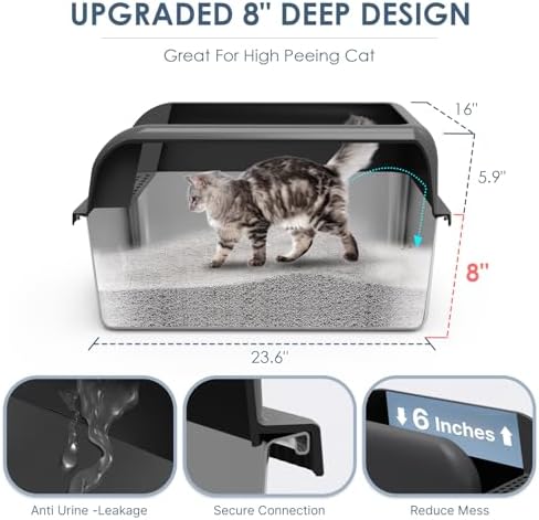 Suzzipaws XL 8" Deep Enclosed Stainless Steel Cat Litter Box for Big Cats