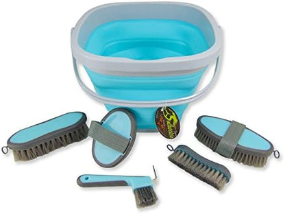 Collapsible Grooming Kit 10 Liter Bucket and 5 Grooming Tools - By Southwestern Equine - Turquoise