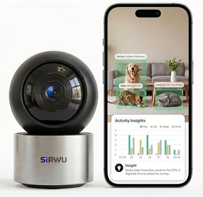 AI Pet Camera Indoor, Multi-Pet Recognition for Up to 6 Pets, 2K 3MP Dog & Cat Camera with 360° Auto Tracking, AI Daily Summaries, Night Vision, 2-Way Audio, 2.4/5GHz WiFi
