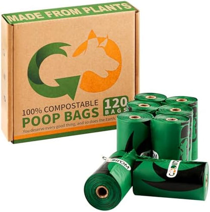 Certified Home Compostable Dog Poop Bags, 120 Extra Thick Bags (8 Rolls)