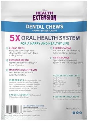 Health Extension Peanut Butter Dental Bones for Dogs, 14 Small Bones, Healthy Gums, Freshens Breath, Cleans Teeth, Training or Reward 6 oz Bag (Pack of 1)