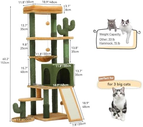 YITAHOME Tall Cactus Cat Tree Tower with Self-Grooming Brush, 60in Cute Cat Climbing Tower for Indoor Cats with Cat Condo, Top Perch, Basktet, Sisal Scratching Posts and Board, Dangling,Ball