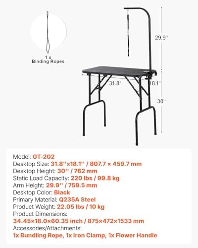 VEVOR Pet Grooming Table, 32 x18 Inch with Height Adjustable Arm, 220LBS Static Weight Capacity, Foldable Dog Groom Station with No-Sit Haunch Holder with Grooming Loop, for Medium and Small Dogs