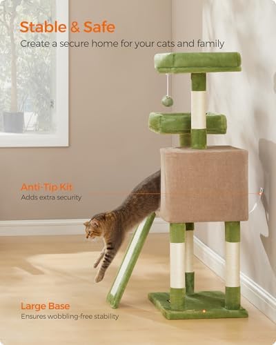 Feandrea Cat Tree, 45.3-Inch Cute Cat Tower, Climbing Condo, Green & Brown
